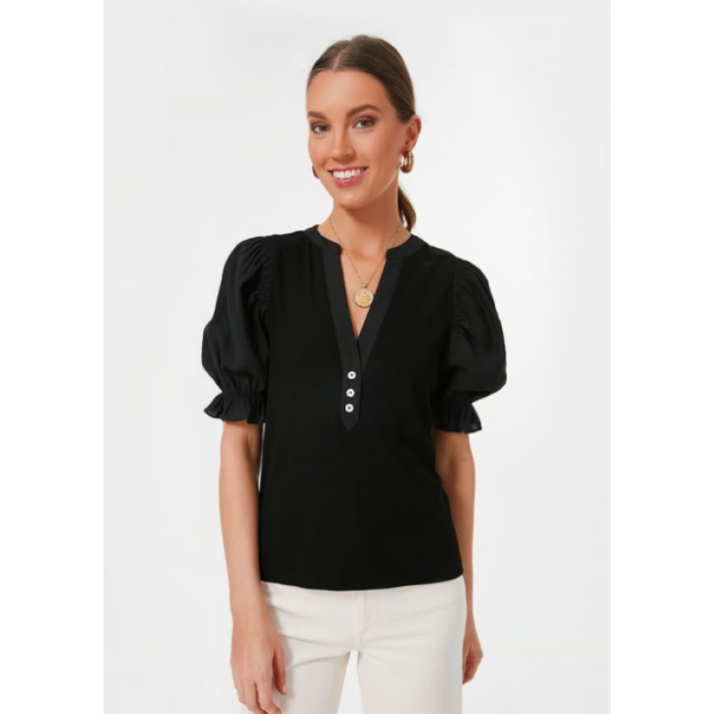 Pomander Place Livia Top Womens M Black Ribbed V-Neck Puff Sleeve Preppy